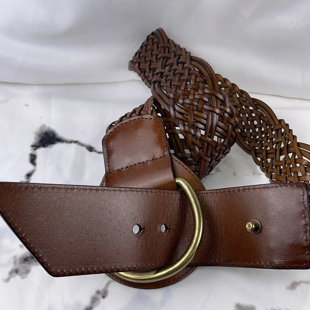 Woven Bonded Leather Wide Belt Large Brass Buckle Adjustable Celtic Knot Weave - Picture 4 of 8